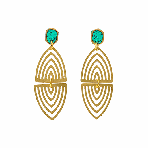 A pair of gold ad green earrings inspired by the jali screens seen in Mughal architecture.