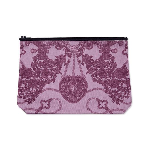 A pink zip pouch featuring an intricate illustration of jewellery.