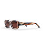A pair of square sunglasses with a marbled transparent frame in brown and grey shades.