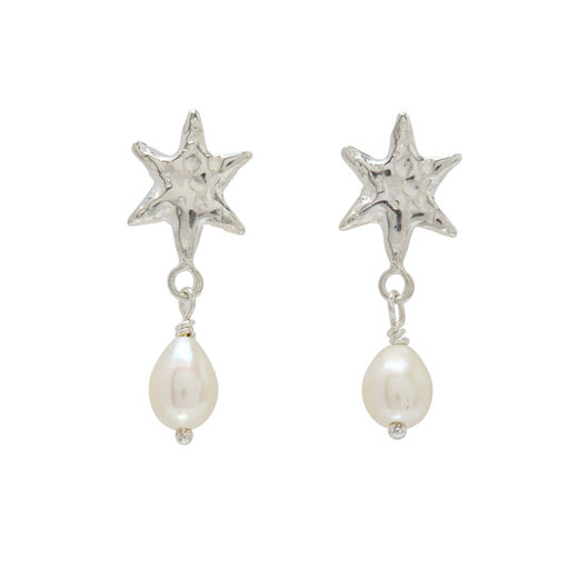 Recycled silver stud earrings in shaper of a star with hanging freshwater pearl