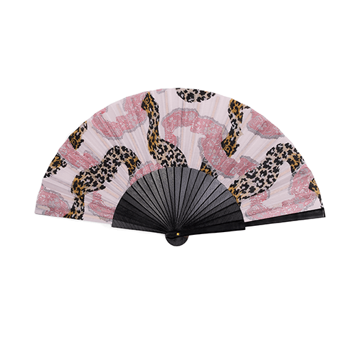 Paper and wood hand fun featuring a leopard design adapted from a silk dress present in the V&A collection