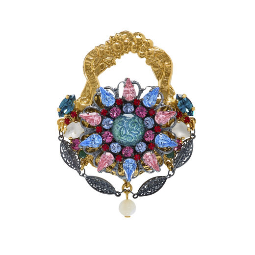 Statement brooch handmade by Vicki Sarge inspired to the Victorian Era, using recycled stones and Swasovsky crystals