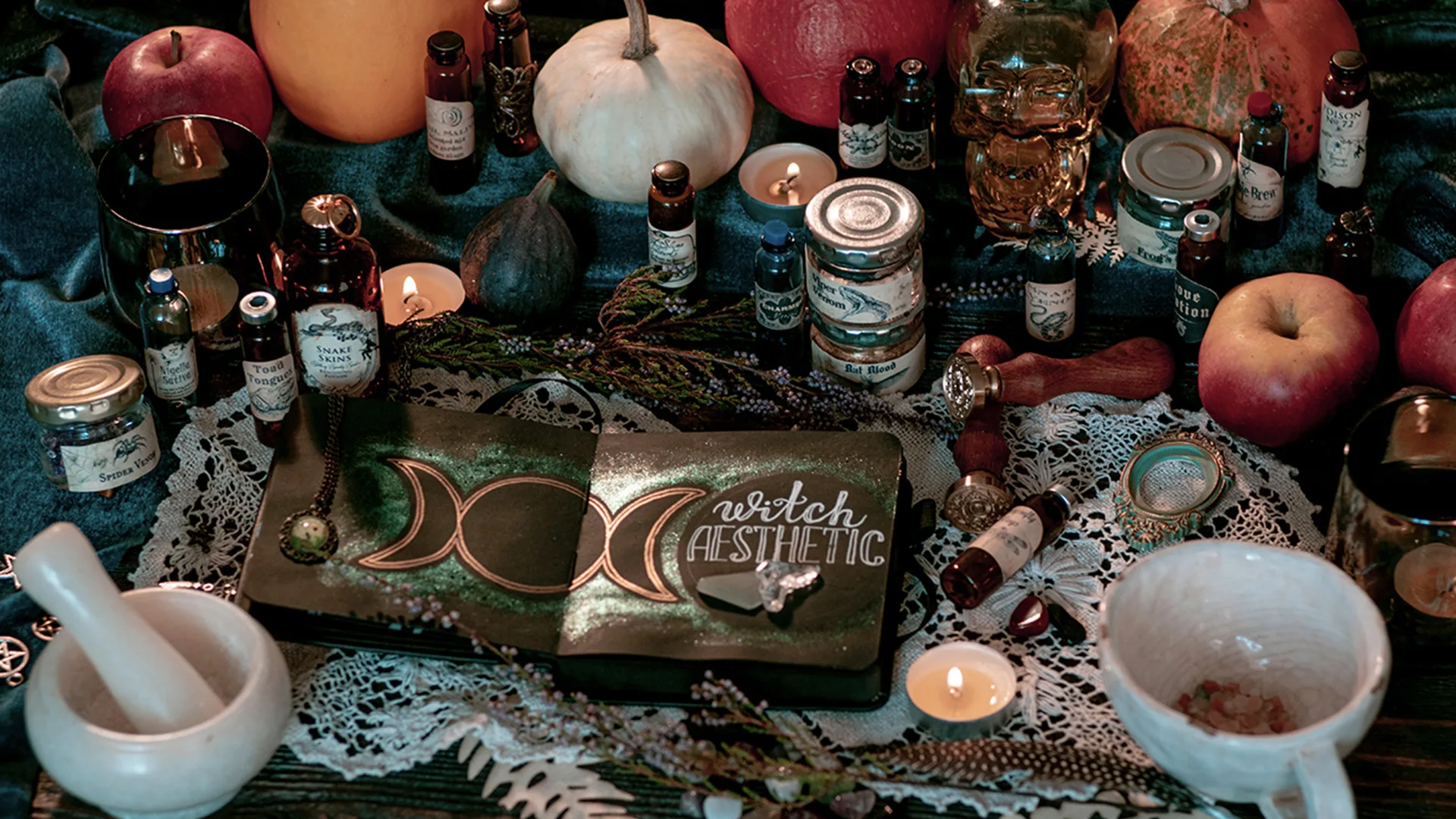 Halloween arrangement with pumpkins and spells